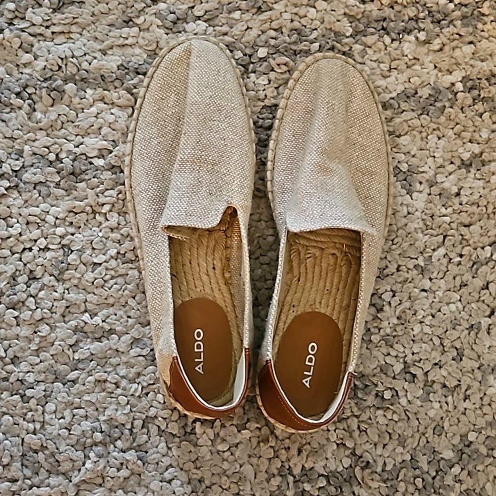 Aldo Natural Beige Slip-On Loafers with Brown Heel Accent
